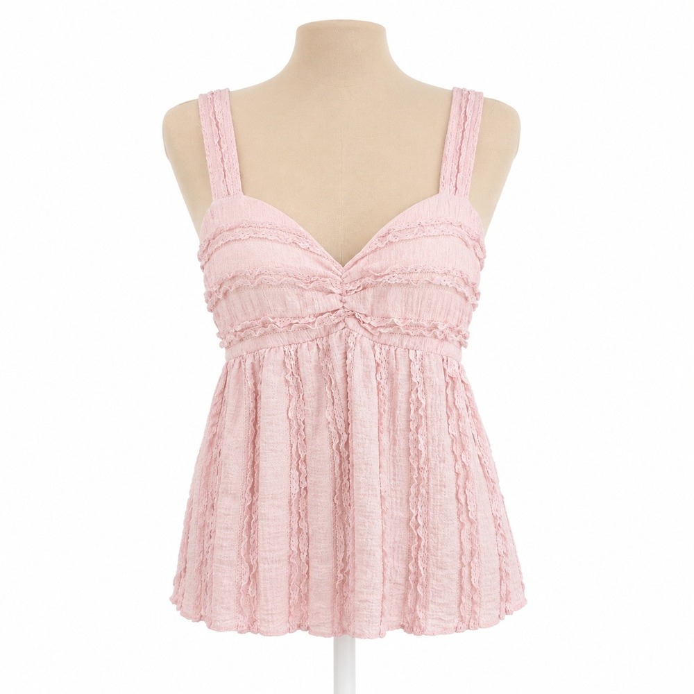 Y2K Ruffle Babydoll Tank Top Size S Pink Smocked Coquette Fairy Preppy Festival